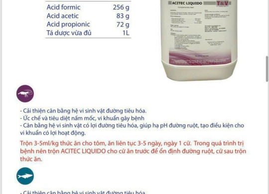  AXIT ĐƯỜNG RUỘT CHO TÔM  (ACITEC LIQUIDO)