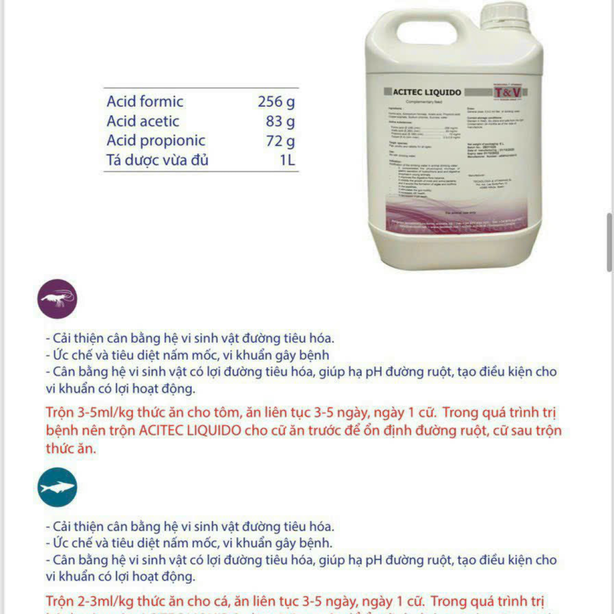  AXIT ĐƯỜNG RUỘT CHO TÔM  (ACITEC LIQUIDO)